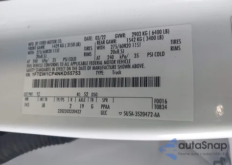 2022 Ford F-150 Xl z USA, uszkodzony, nr VIN 1FTEW1CP4NKD55753